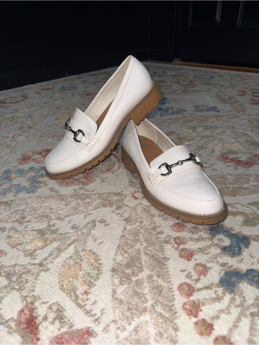 Dolce Vita White Leather Lug Sole Loafers with Silver Bit